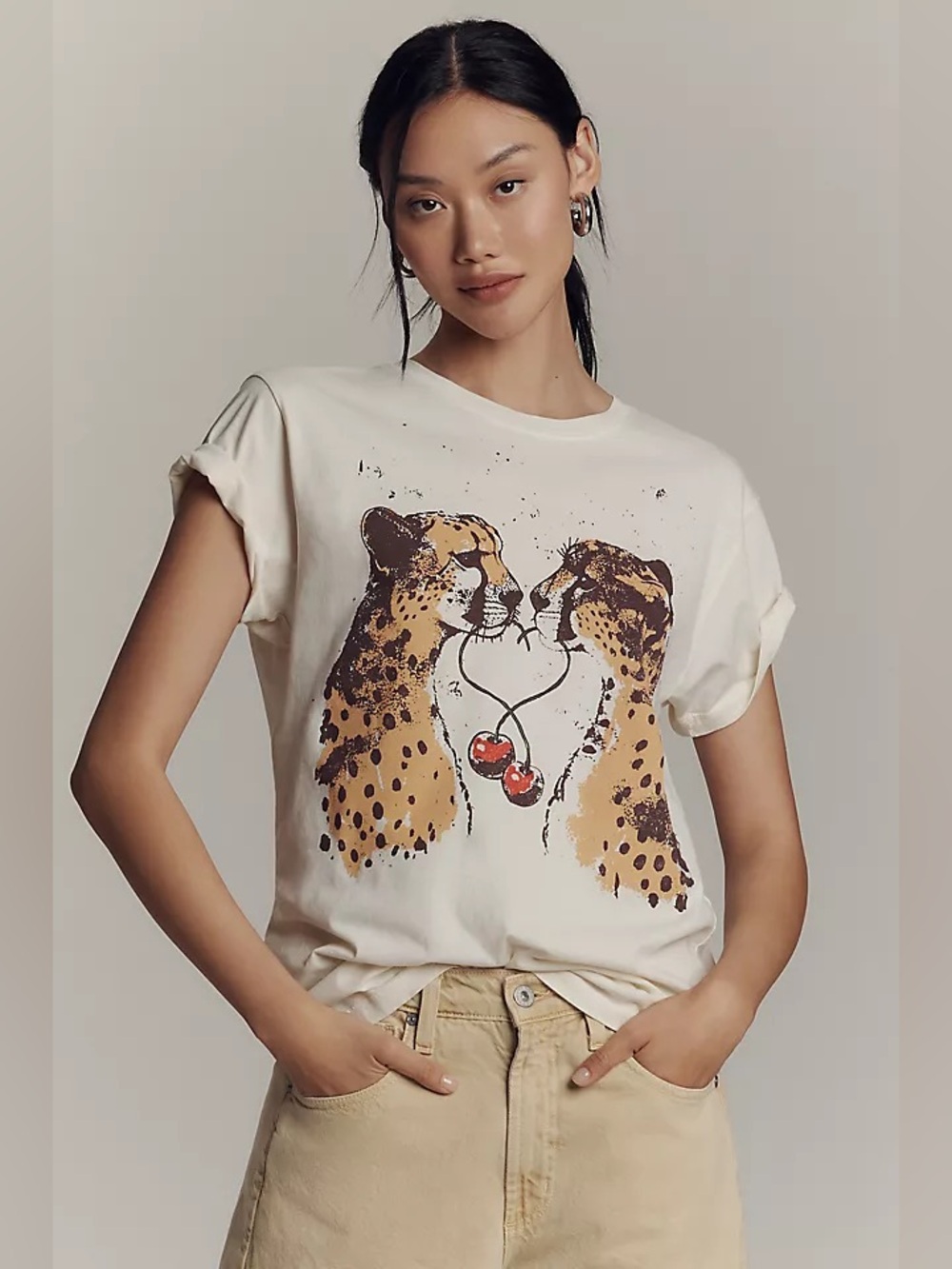 Anthropologie Letluv M Cheetah Cherry Graphic Tee Ecru Cotton Retro Boho T Shirt